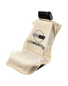 Seat Armour Tan Towel Seat Cover with Corvette C4 Logo, Front-Right View