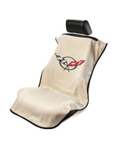 Seat Armour Tan Towel Seat Cover with Corvette C5 Logo, Front-Right View