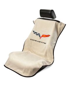 Seat Armour Tan Towel Seat Cover with Corvette C6 Logo, Front-Right View