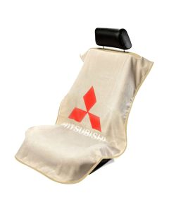 Seat Armour Tan Towel Seat Cover with Mitsubishi Logo - Front-Right View