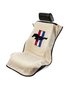 Seat Armour Tan Towel Seat Cover with Mustang Pony Logo - Front-Right View