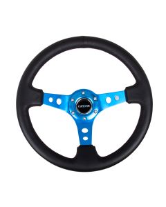 NRG® - 350mm 3" Deep Dish Black Leather Reinforced Sport Steering Wheel W/ 3 Blue Spokes & Round Holes (RST-006BL)