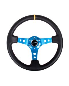 NRG® - 350mm 3" Deep Dish Black Leather Yellow Stripe Reinforced Sport Steering Wheel W/ 3 Blue Spokes & Round Holes (RST-006BL-Y)