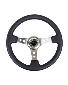 NRG® - 350mm 3" Deep Dish Black Leather Reinforced Sport Steering Wheel W/ 3 Gun Metal Spokes & Round Holes (RST-006GM)