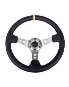 NRG® - 350mm 3" Deep Dish Black Leather Yellow Stripe Reinforced Sport Steering Wheel W/ 3 Gun Metal Spokes & Round Holes (RST-006GM-Y)