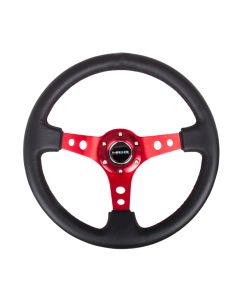 NRG® - 350mm 3" Deep Dish Black Leather Reinforced Sport Steering Wheel W/ 3 Red Spokes & Round Holes (RST-006RD)