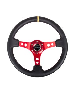 NRG® - 350mm 3" Deep Dish Black Leather Yellow Stripe Reinforced Sport Steering Wheel W/ 3 Red Spokes & Round Holes (RST-006RD-Y)