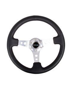NRG® - 350mm 3" Deep Dish Black Leather Reinforced Sport Steering Wheel W/ 3 Silver Spokes & Round Holes (RST-006SL)