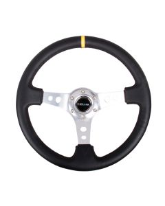 NRG® - 350mm 3" Deep Dish Black Leather Yellow Stripe Reinforced Sport Steering Wheel W/ 3 Silver Spokes & Round Holes (RST-006SL-Y)