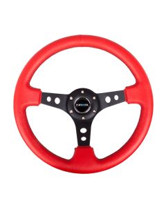 NRG® - 350mm 3" Deep Dish Red Leather Black Stitching Reinforced Sport Steering Wheel W/ 3 Black Spokes & Round Holes (RST-006RR-BS)