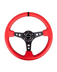 NRG® - 350mm 3" Deep Dish Red Leather Black Stripe & Stitching Reinforced Sport Steering Wheel W/ 3 Black Spokes & Round Holes (RST-006RR-BS-B)