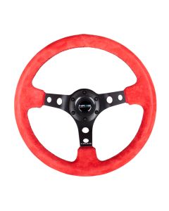NRG® - 350mm 3" Deep Dish Red Suede Black Stitching Reinforced Sport Steering Wheel W/ 3 Black Spokes & Round Holes (RST-006S-RR)