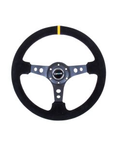 NRG® - 350mm 3" Deep Dish Black Suede Yellow Stripe Reinforced Sport Steering Wheel W/ 3 Spokes & Round Holes (RST-006S-Y)