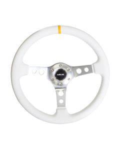 NRG® - 350mm 3" Deep Dish White Leather Yellow Stripe Reinforced Sport Steering Wheel W/ 3 Silver Spokes & Round Holes (RST-006WT-Y)