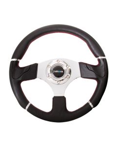 NRG® - 350mm Black Leather Red Stitching Reinforced Sport Evo Style Steering Wheel W/ 3 Silver Spokes (RST-008R)