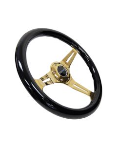 NRG® - Black Grip 350mm Classic Wood Grain Wheel With 3 Chrome Gold Spokes