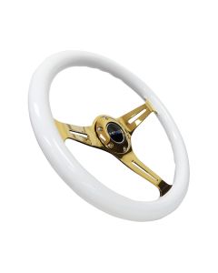 NRG® - White Grip 350mm Classic Wood Grain Wheel With 3 Chrome Gold Spokes
