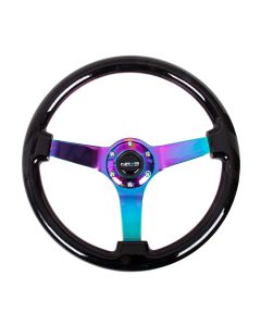 NRG® - 350mm 3" Deep Dish Black Classic Wood Grain Reinforced Sport Steering Wheel W/ 3 Neochrome 4mm Spokes (RST-036BK-MC)