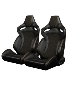 Braum ® - Black Leatherette & Honeycomb Alcantara W/ Orange Stitching ORUE-S Reclinable Racing Seats - Pair (BRR6S-HXOS)