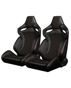 Braum ® - Black Leatherette & Honeycomb Alcantara W/ Red Stitching ORUE-S Reclinable Racing Seats - Pair (BRR6S-HXRS)