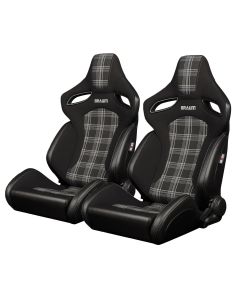 Braum ® - Black Leatherette & Grey Plaid Fabric W/ White Stitching ORUE-S Reclinable Racing Seats - Pair (BRR6S-GYPF)